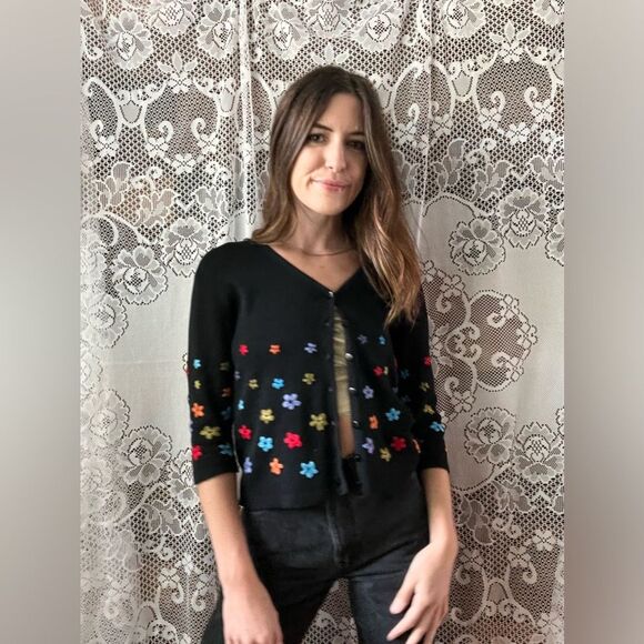 Vintage 80s CLIO Petites Black Silk Colorful Floral Embroidered Cardigan Sweater - Picture 6 of 14
